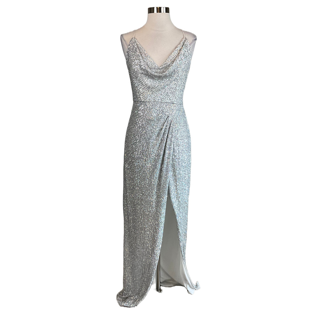 Aidan Mattox Silver Sequin Cowl Neck Evening Gown